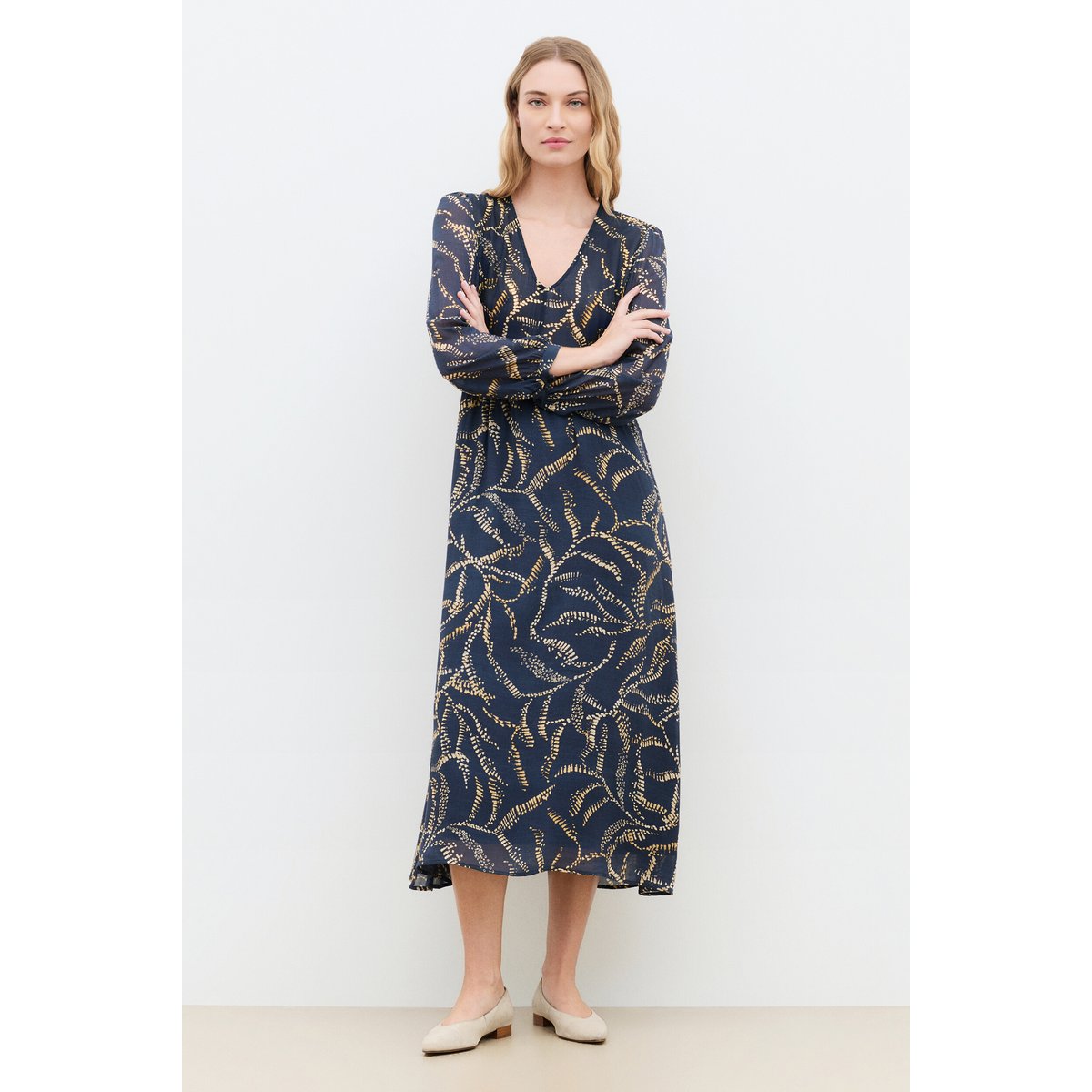 Robe fluide col v RTAMI bleu marine, CAROLL