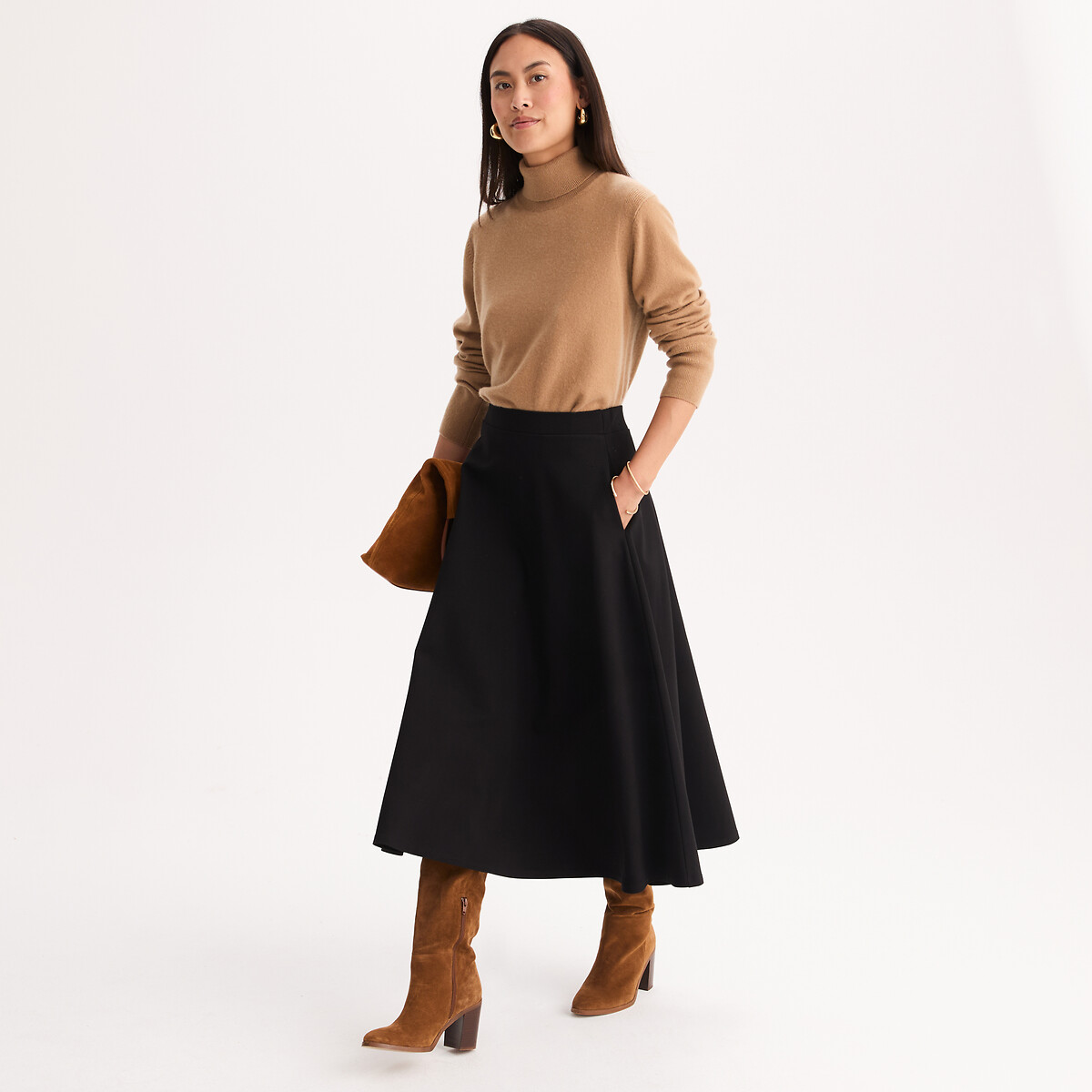 Jupe évasée en maille, longueur midi noir, ANNE WEYBURN