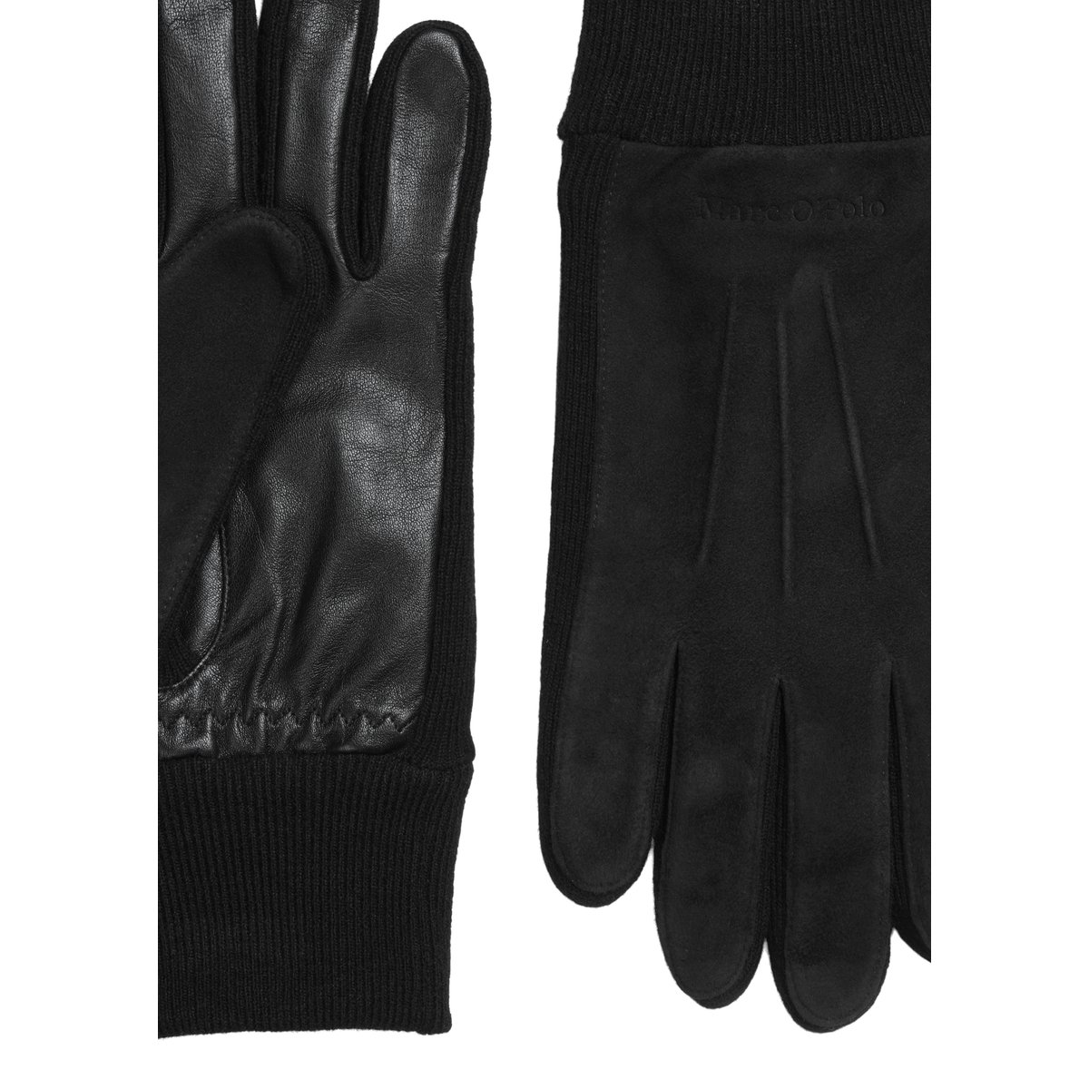 Gants en cuir avec empiècements latéraux en tricot noir, MARC O'POLO