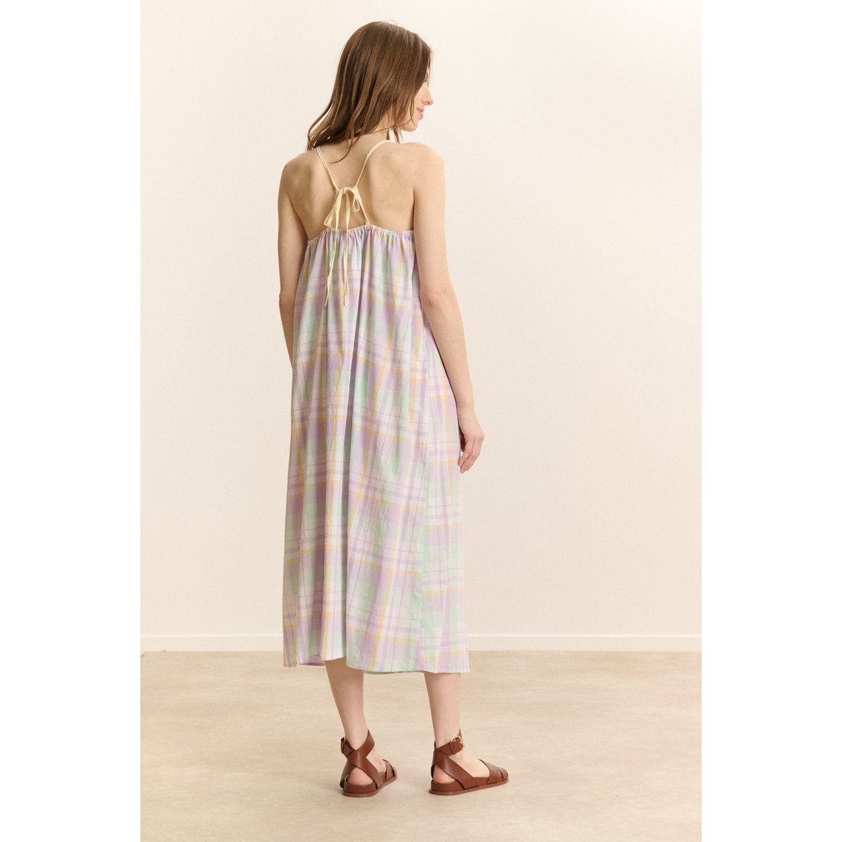 Robe longue à carreaux en bretelles VANUATU lilas, GARANCE PARIS