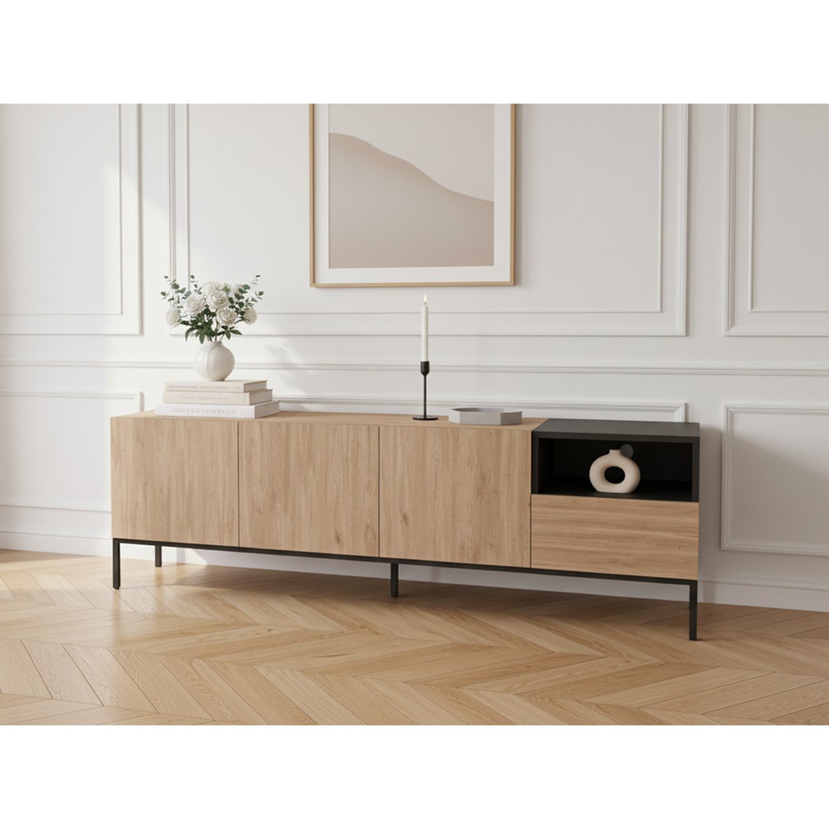 Meuble TV 180 cm panneaux de particules, CECILIA marron clair, BOBOCHIC