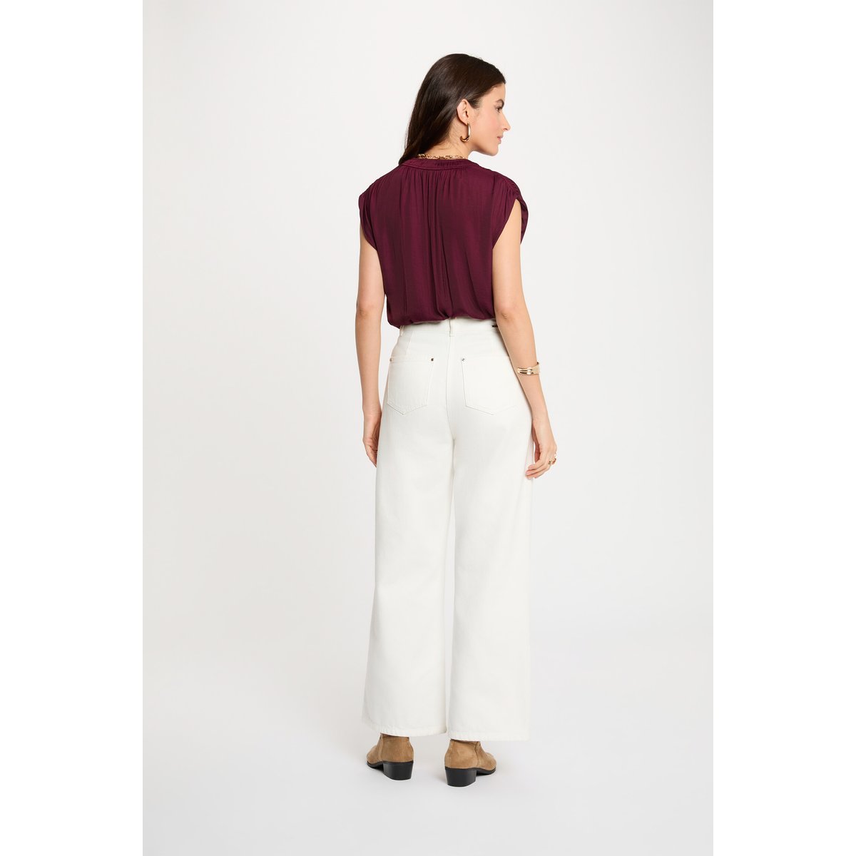 Blouse manches courtes satin prune, MORGAN