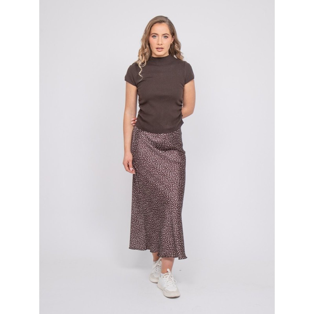 Jupe Longue Satin Motif Pois Xoril marron, DONA LISA