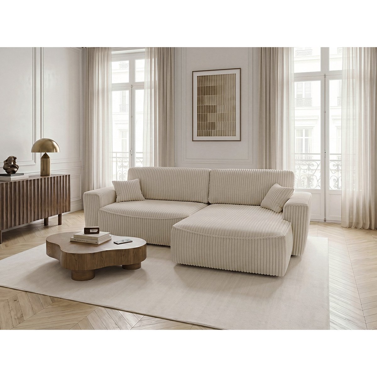 Canapé d'angle convertible places en gros côtelé doux, AUSTIN beige, BOBOCHIC