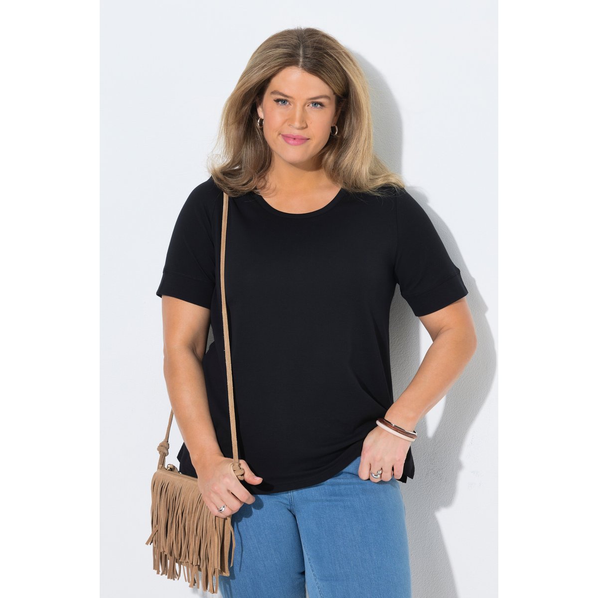 T-shirt, jersey côtelé, col rond noir, ULLA POPKEN