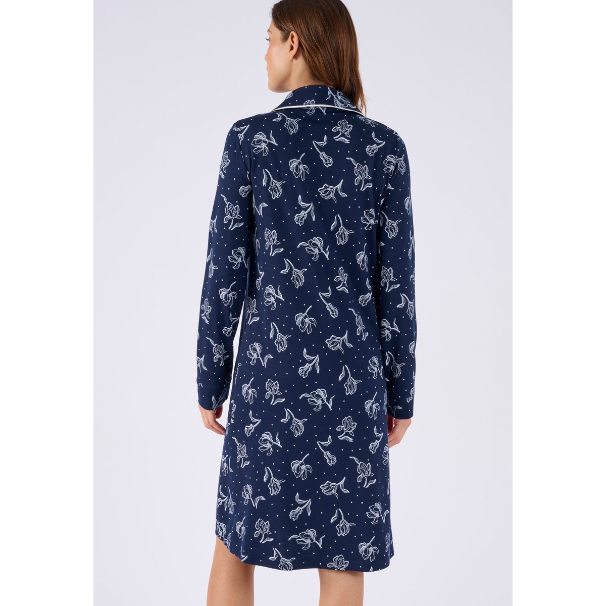 Chemise de nuit boutonnée Thermolactyl bleu marine fleuri, DAMART