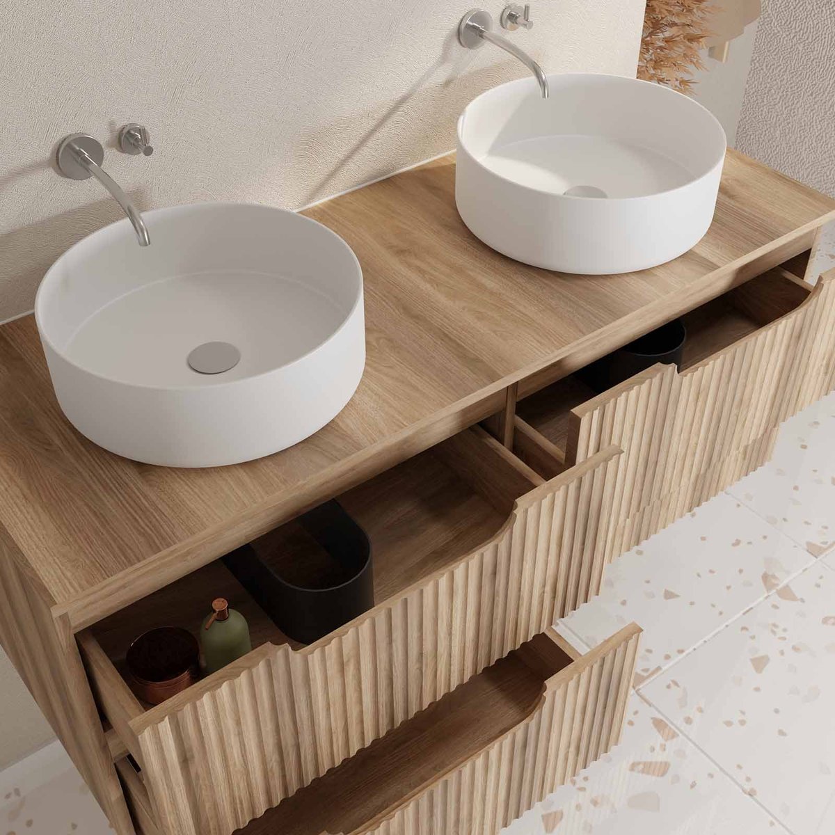 Meuble de salle de bain double vasque ronde avec façade ondulée et rangements intégrés naturel, HOME MAISON