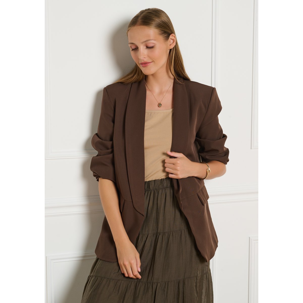 Blazer ouvert brun fonce chocolate, LOLALIZA