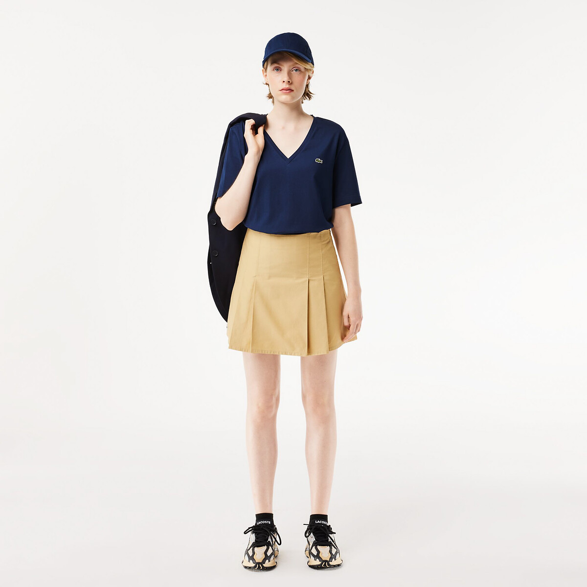 T-shirt casual scollo a V blu marino, LACOSTE