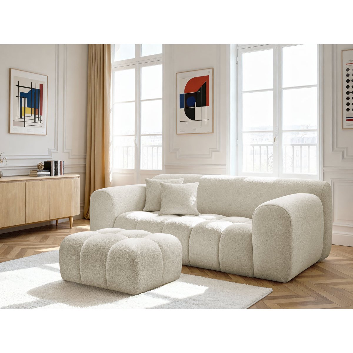 Canapé droit fixe 2 places en tissu chiné avec pouf, MELISSE blanc, BOBOCHIC