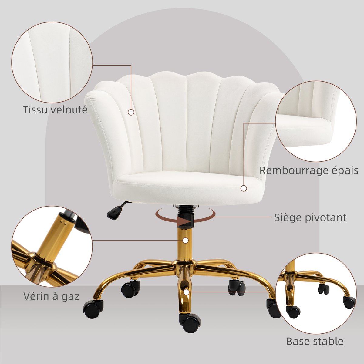 Chaise de bureau Velours (100% polyester) blanc, HOMCOM