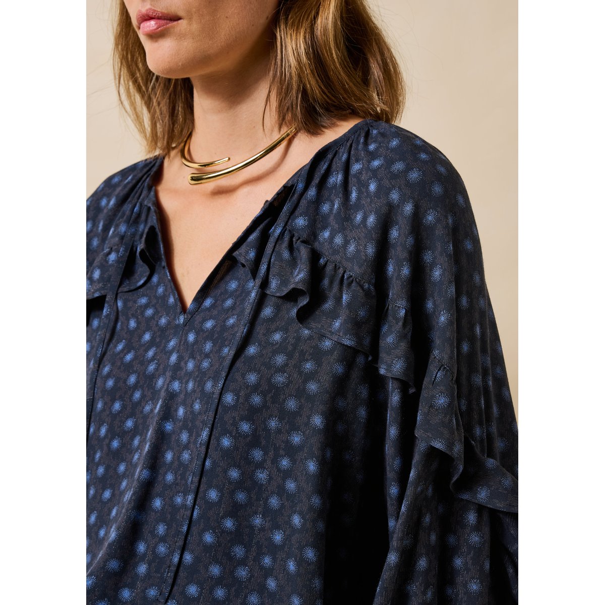 Top manches longues encolure tunisienne bleu, LA FEE MARABOUTEE