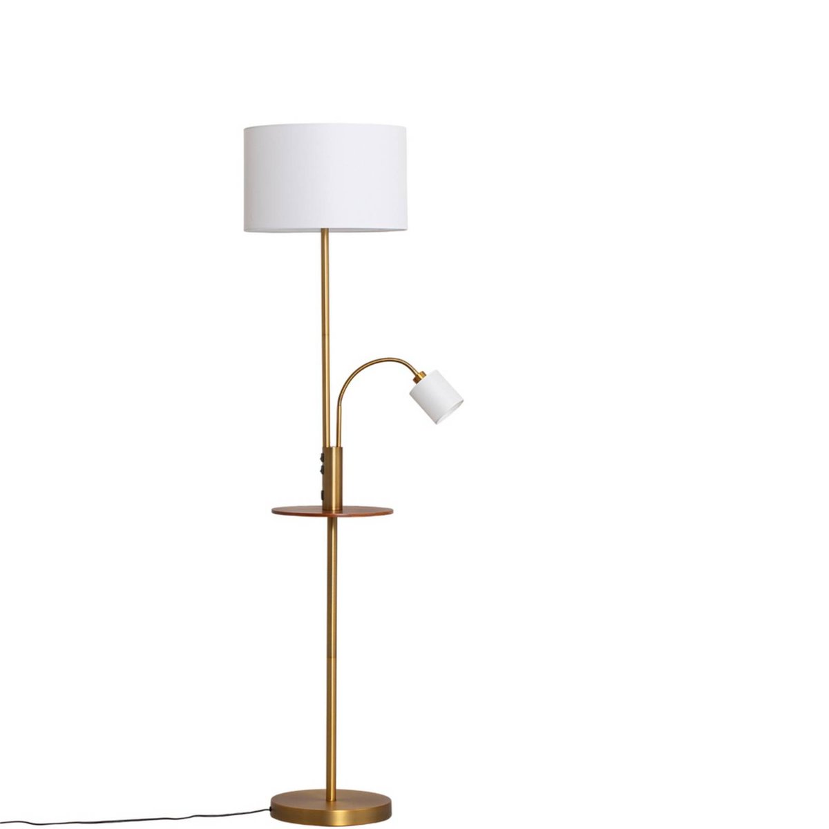 Lampadaire en métal moderne, Aovan bronze, blanc crème, bois foncé, LINDBY