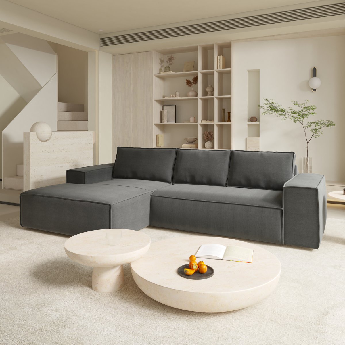 Canapé convertible angle gauche 5 places en velours JOAN gris, SIA HOME