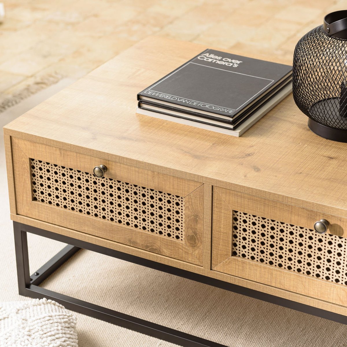 Table basse en bois 4 tiroirs cannage naturel ALCUDIA bois naturel, PIER IMPORT