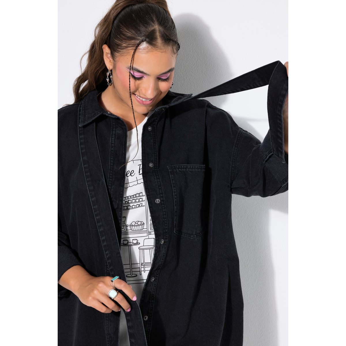 Chemise en jean, coupe oversize, nœud noir, STUDIO UNTOLD