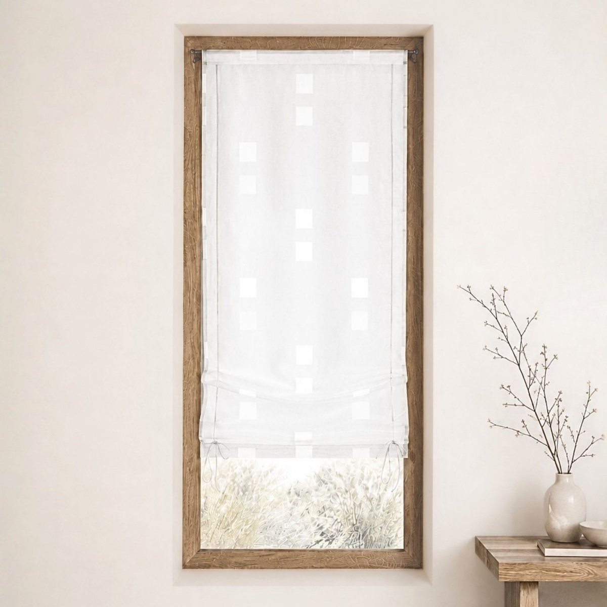 Store voilage à remonter organza motif de carrés blanc, HOME MAISON
