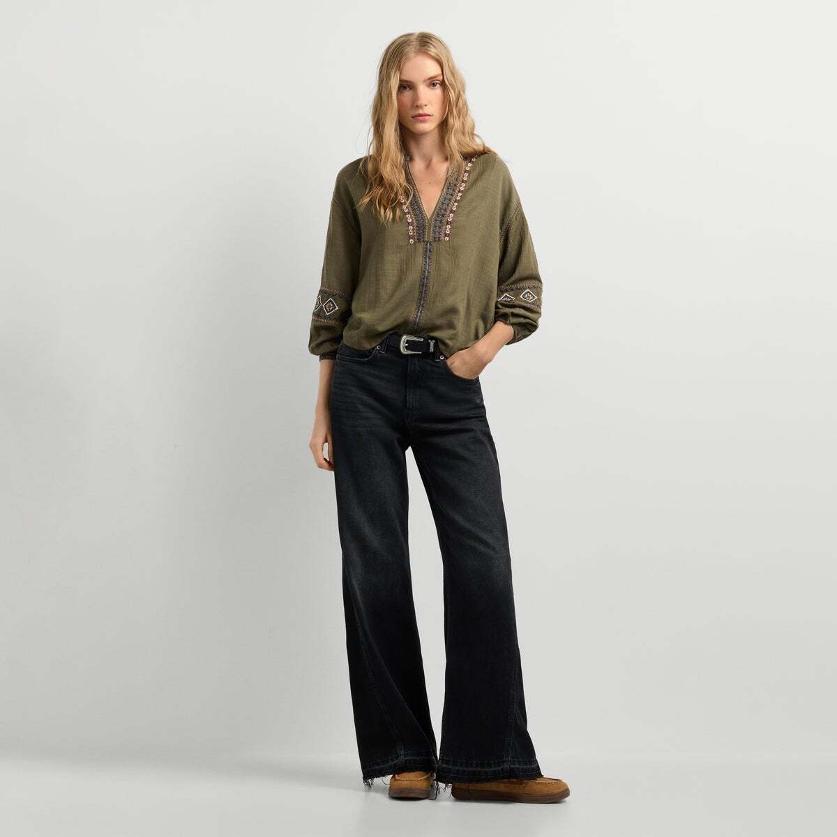 Blouse Fluide Avec Détails Brodés vert kaki, PEPE JEANS