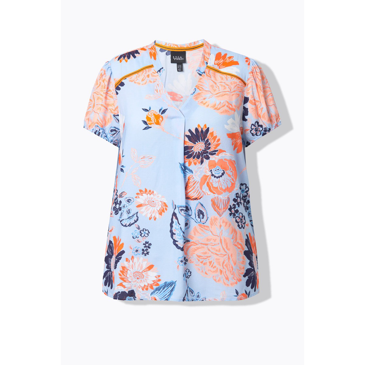 Blouse à fleurs. Manches courtes. Petit col bleu ciel, ULLA POPKEN
