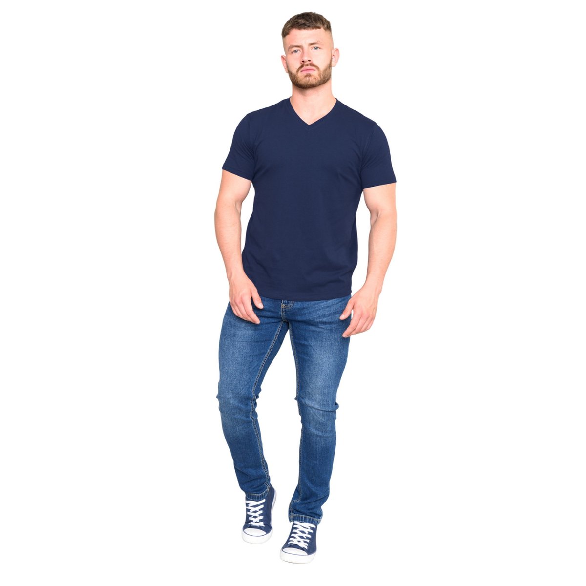 T-shirt uni col V SIGNATURE bleu marine, DUKE