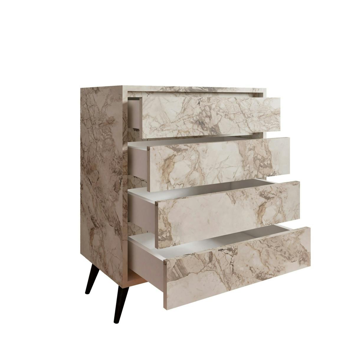 Commode moderne 4 tiroirs effet marbre, pieds noirs MARFA blanc, PIER IMPORT
