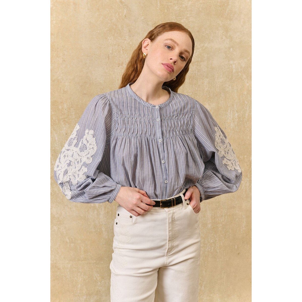 Blouse col rond à manches longues rayée et brodée, JALLY rayé bleu/blanc, LOUISE MISHA