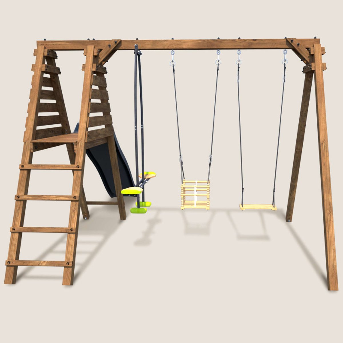 Portique en bois carré 3 agrès et toboggan TREFLE marron, SOULET