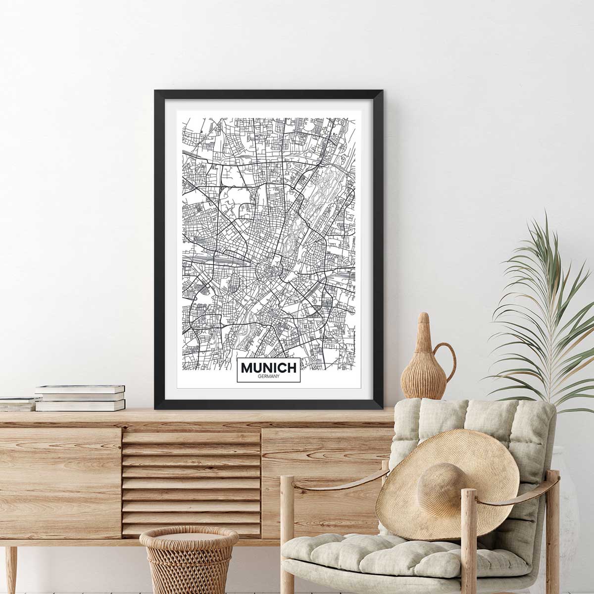 Affiche graphique munich germany affiche + cadre en bois - noir, HEXOA