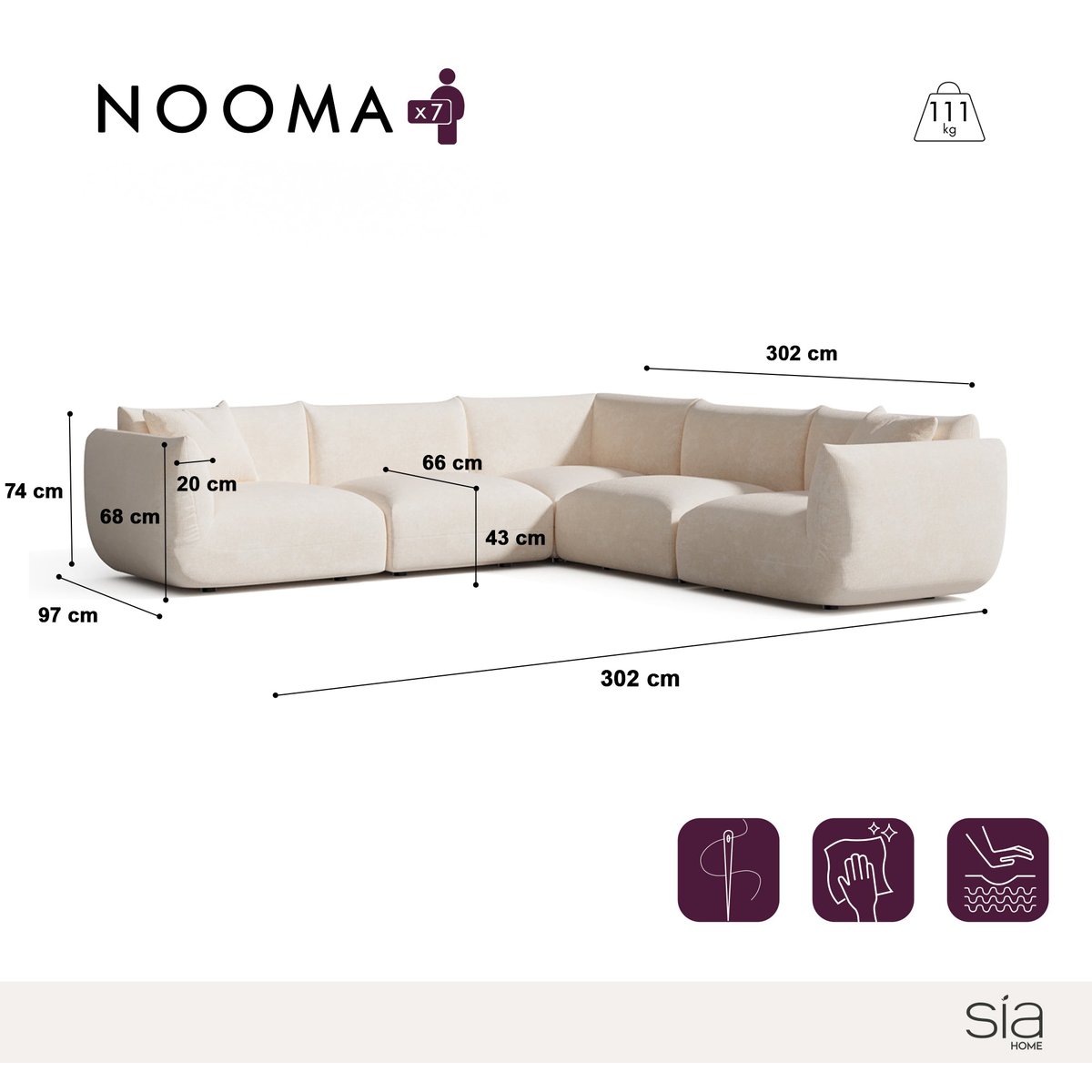 Canapé d'angle panoramique modulable 7 places en velours chenillé NOOMA crème, SIA HOME