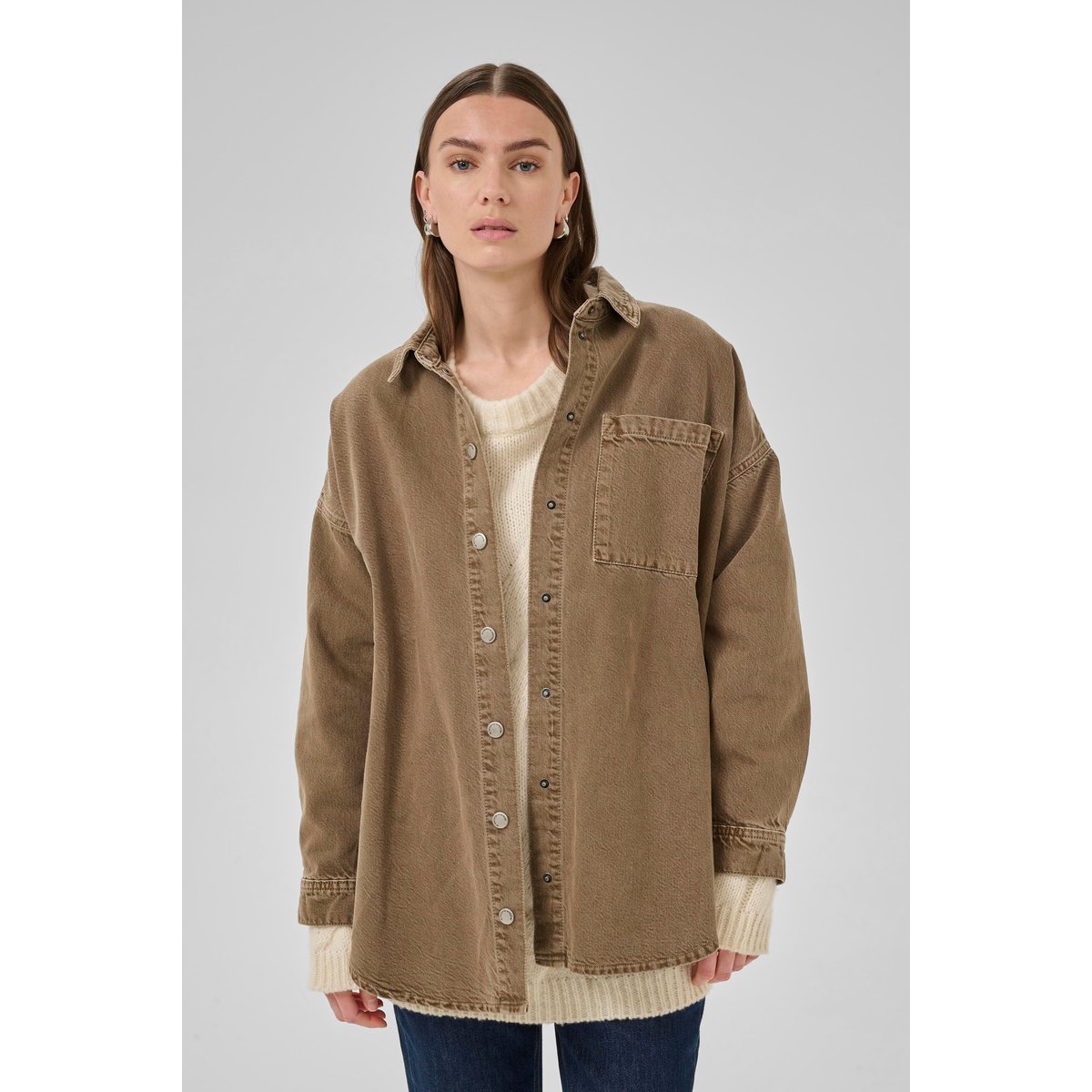 Chemise à manches longues marron tobacco brown washed, MY ESSENTIAL