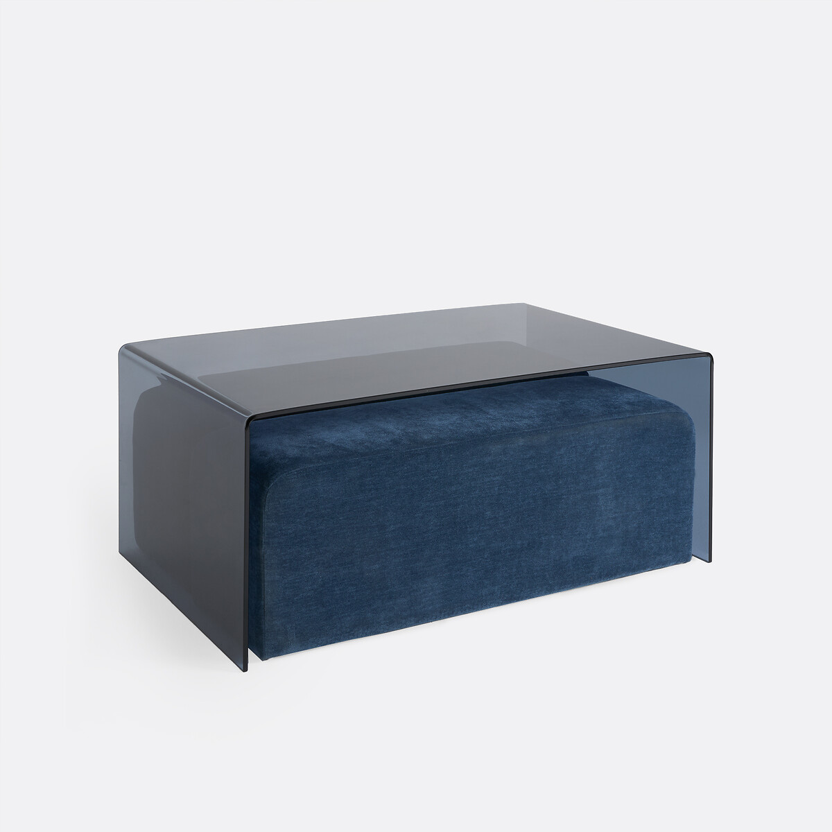 Table basse, plateau en verre trempé, et ses 2 bancs, JOAN bleu, LA REDOUTE INTERIEURS