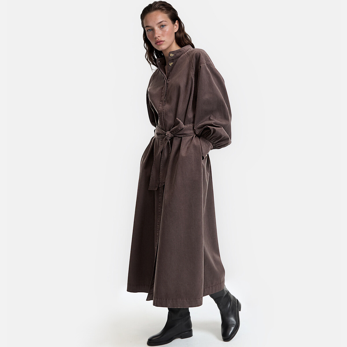 Lyocell/Cotton Puff Sleeve Maxi Dress brown, LA REDOUTE COLLECTIONS
