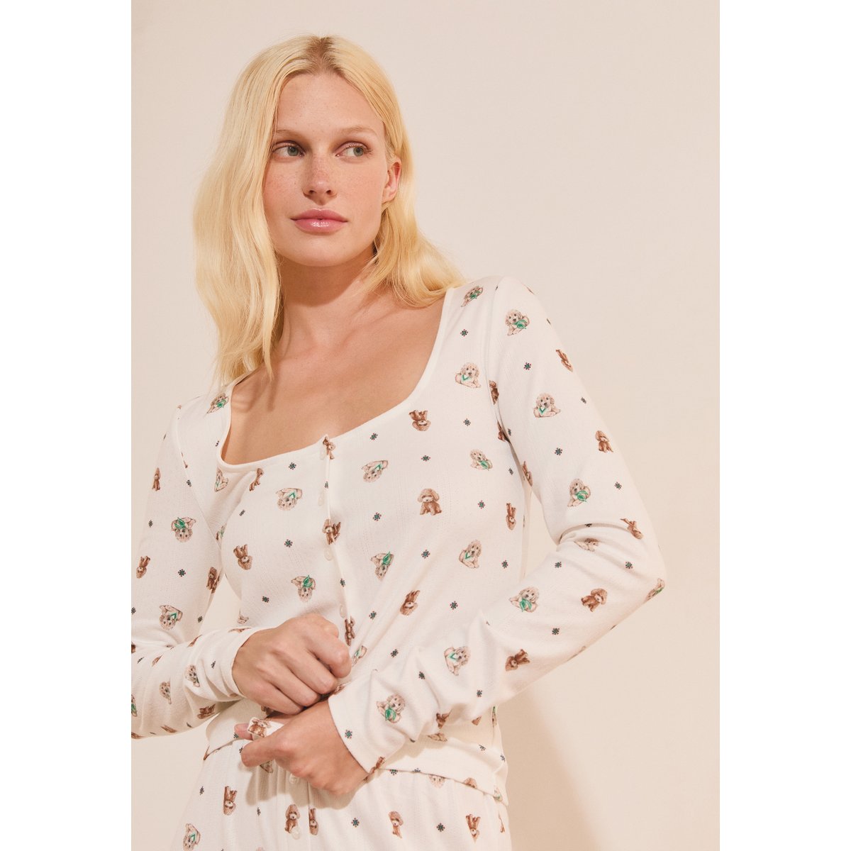 T-shirt manches longues avec boutons RITA ecru, ETAM