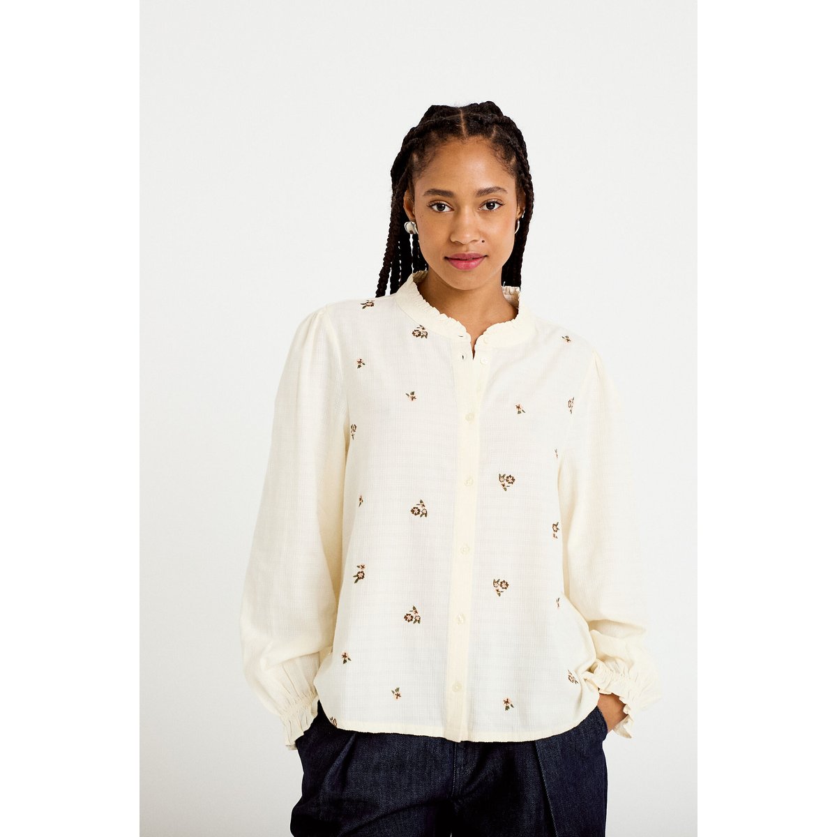 Blouse droite courte col v broderie ivoire, CACHE CACHE