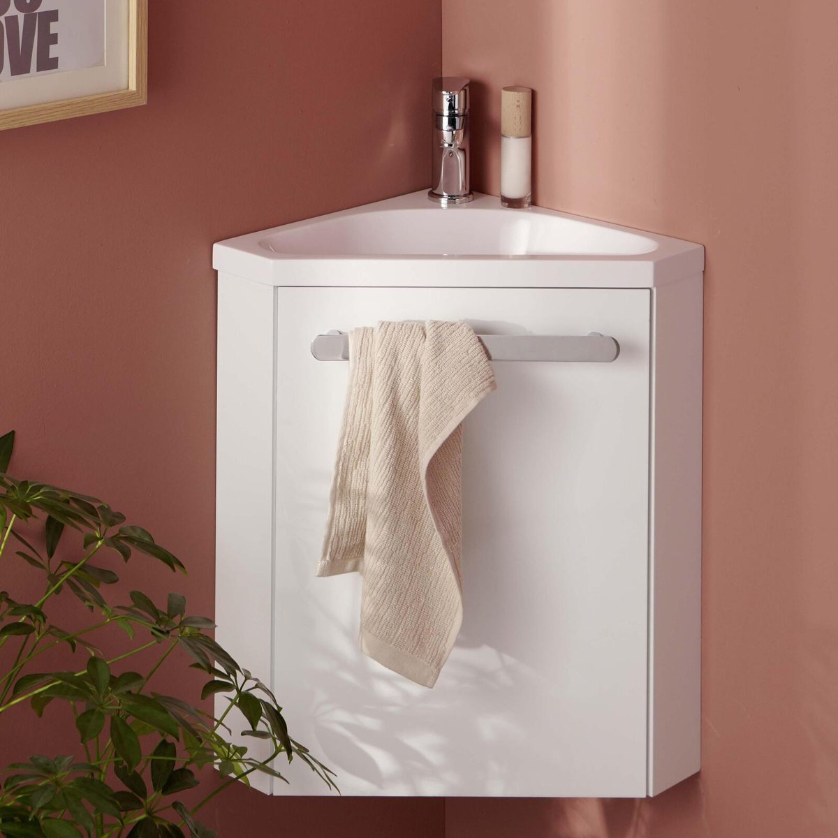Ensemble lave-mains angle suspendu avec robinet et armoire d'angle SKINO blanc brillant, MOB IN