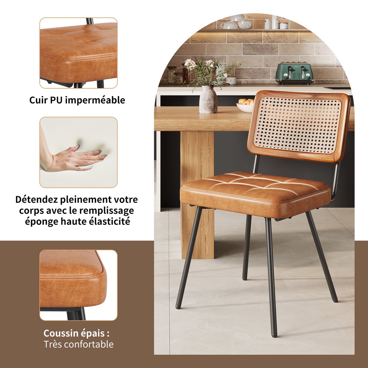 Lot de 2 chaises de salle à manger en simili cuir avec dossier en rotin PE style rétro moderne, KAROMIR marron, MEUBLES COSY