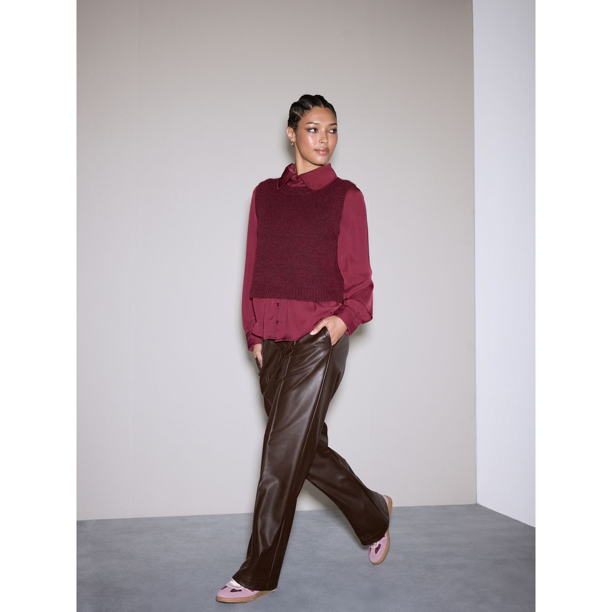 Débardeur en maille à col de chemise satin rouge bordeaux, NEXT