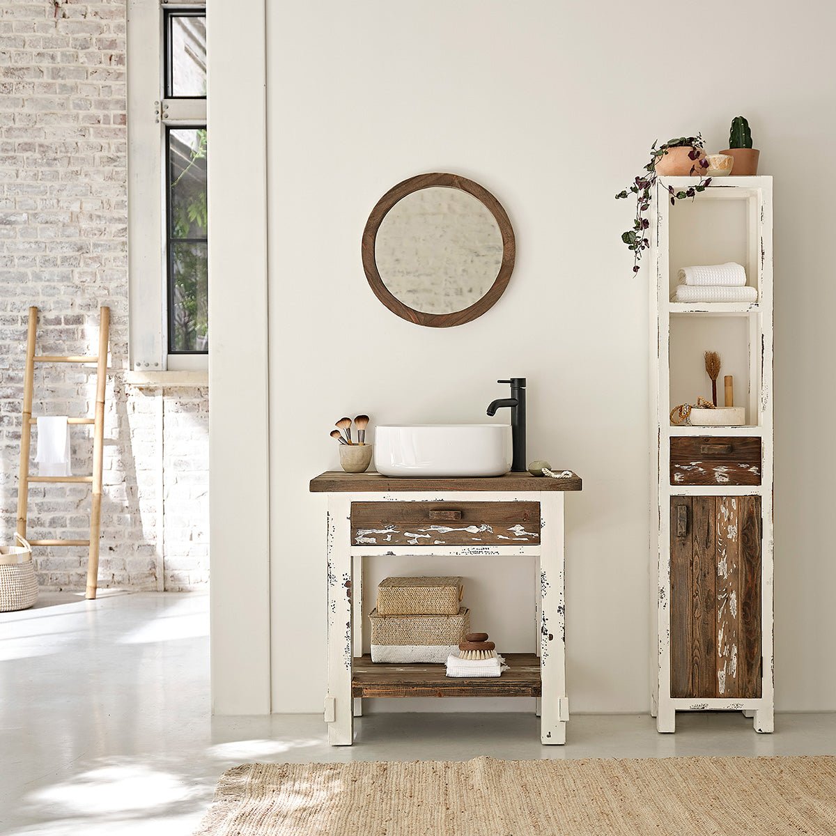 Meuble de salle de bain en bois recyclé 80 cm SEZANNE blanc, BERAH GETAH