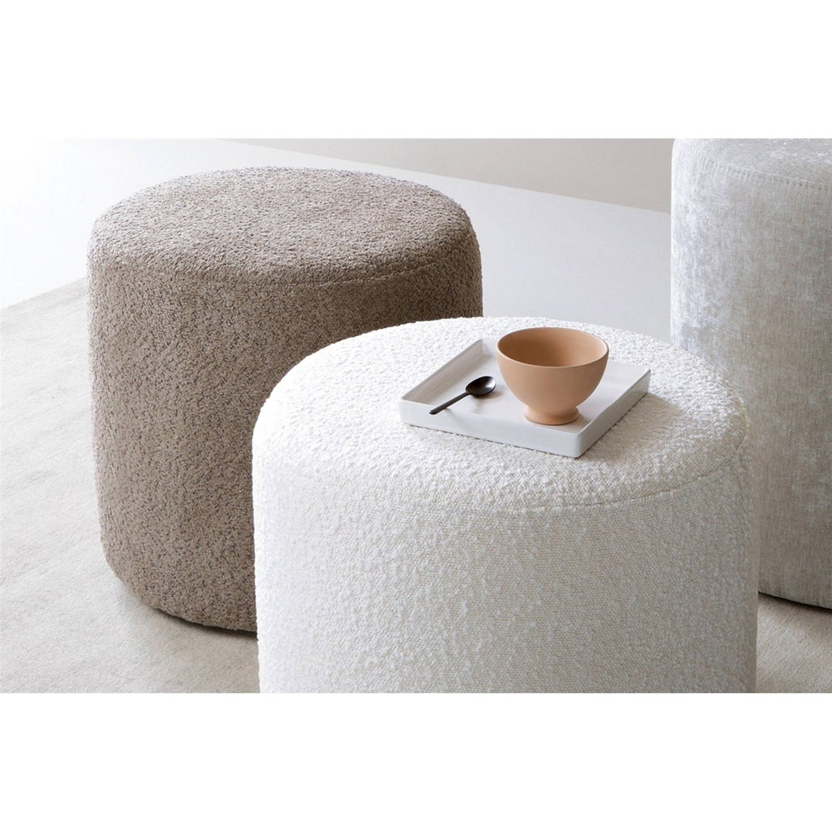 Pouf rond tissu bouclé collection SEPPIO blanc, RECOLLECTION