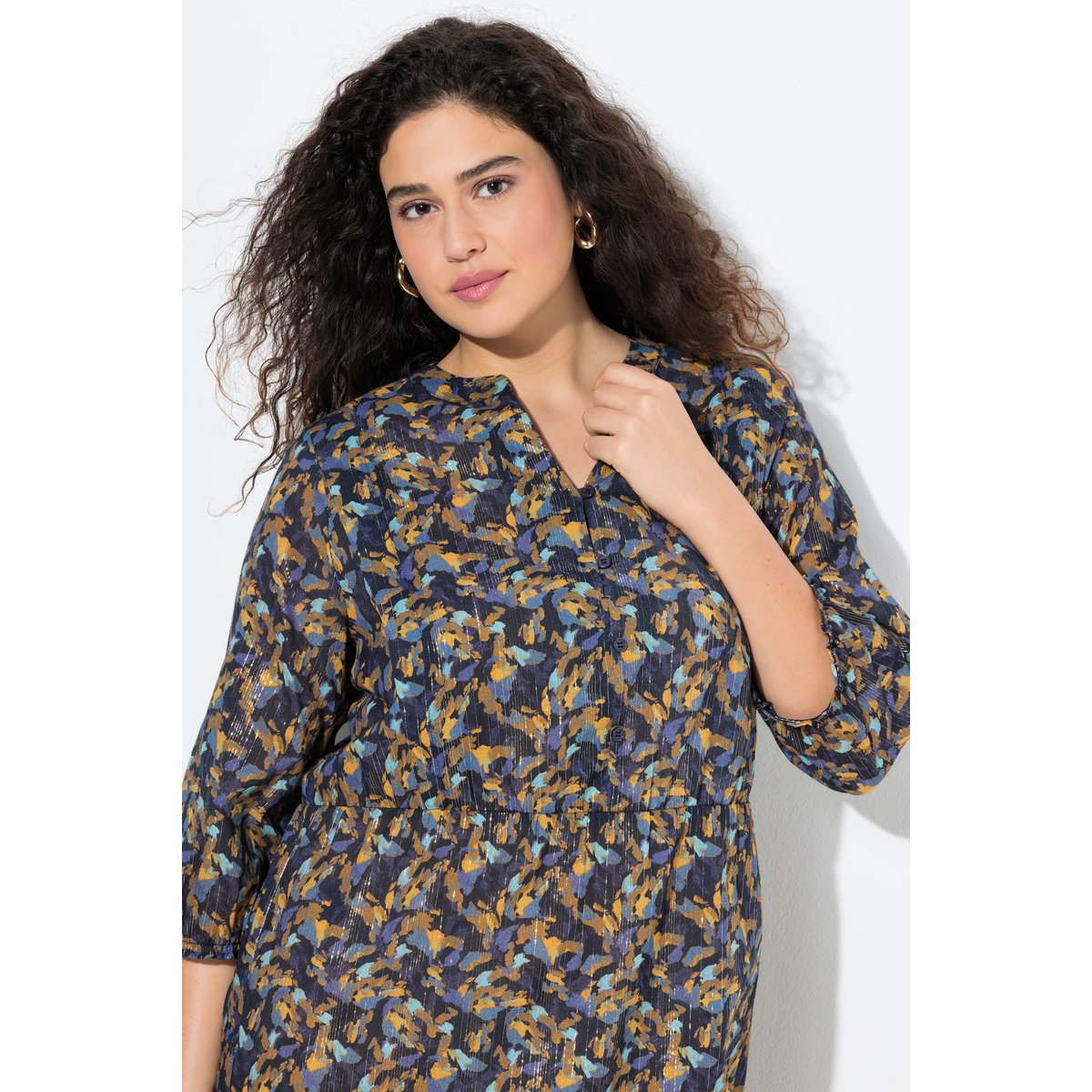 Robe évasée à col en V et manches 3/4 bleu encre, ULLA POPKEN