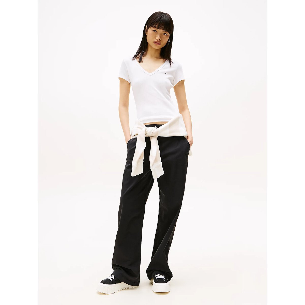 Embroidered Logo Cotton T-Shirt with V-Neck white, TOMMY JEANS