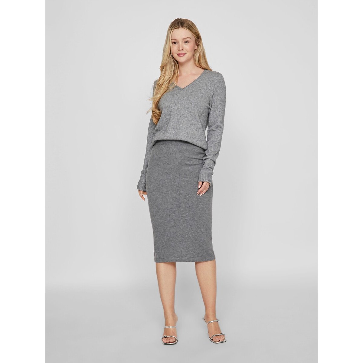 Jersey con cuello de pico de punto fino medium grey, VILA