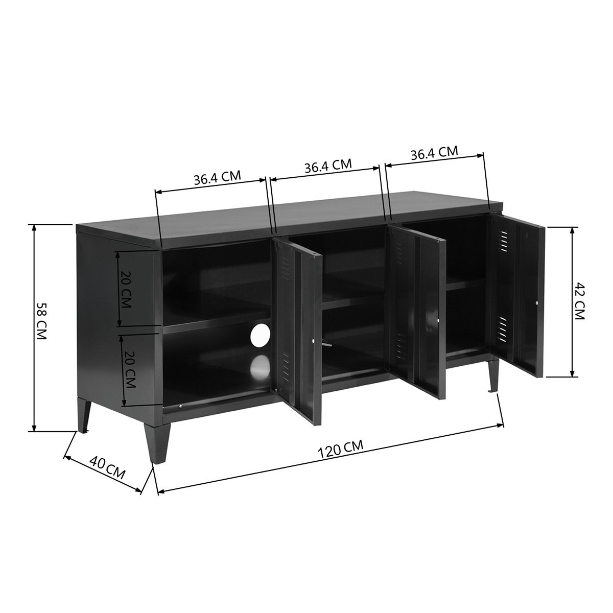 Armoire de rangement bas h58cm 3 portes 2 étagères en métal style industriel, MATAPOURI noir, MEUBLES COSY