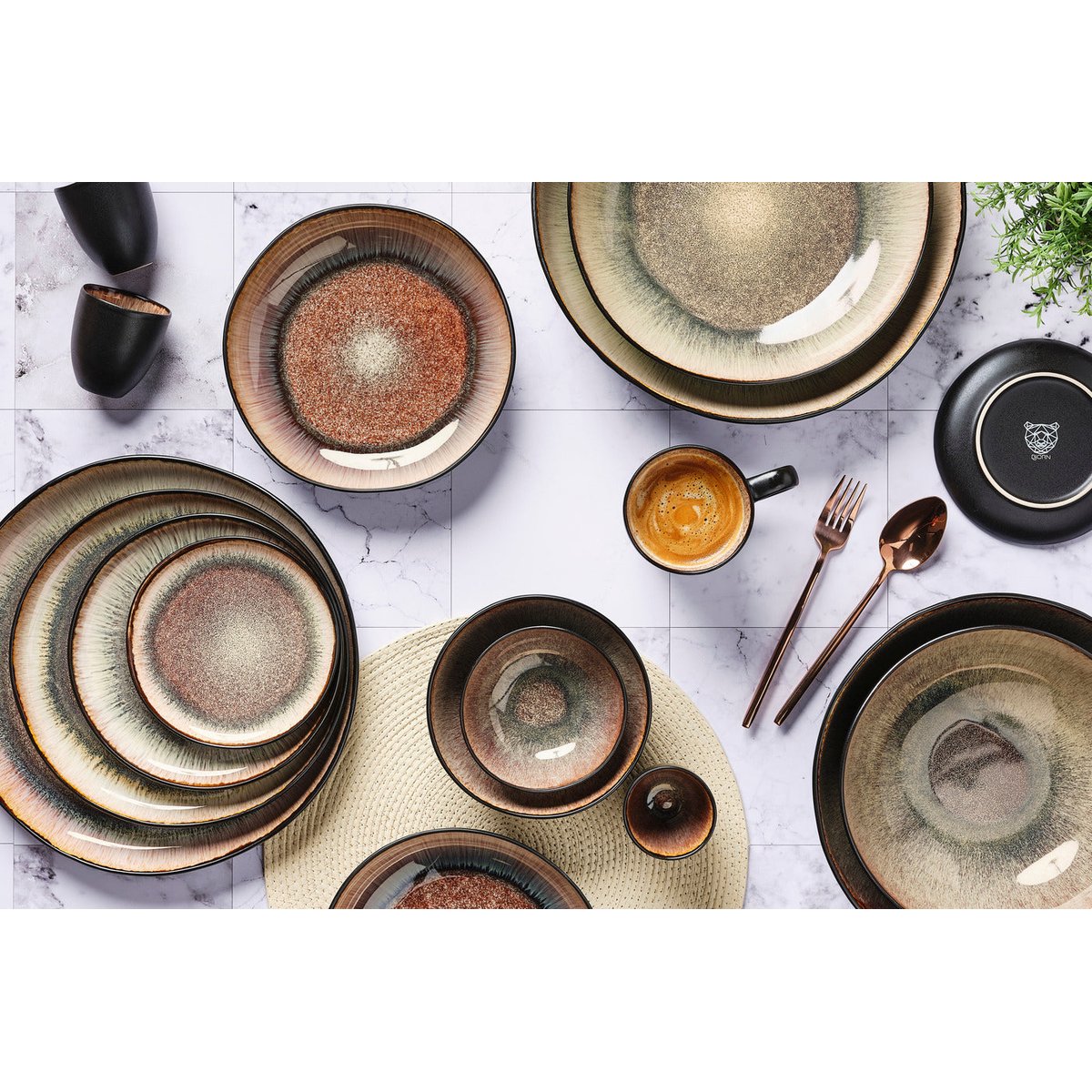 Lot de 6 assiettes à pain en grès, IRIS dégradé beige et marron, BJORN
