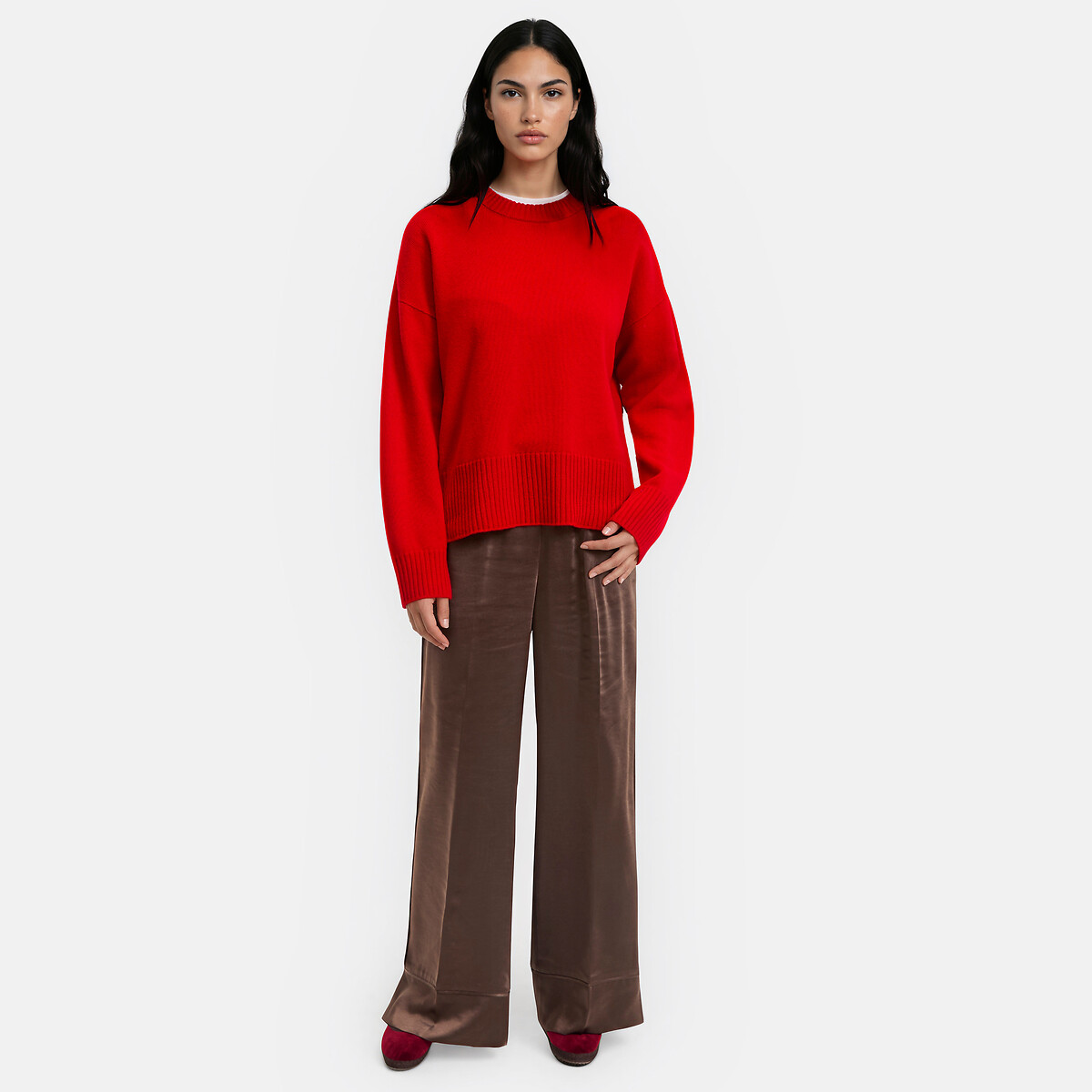 Pantalon large, à taille élastiquée, en satin marron, LA REDOUTE COLLECTIONS