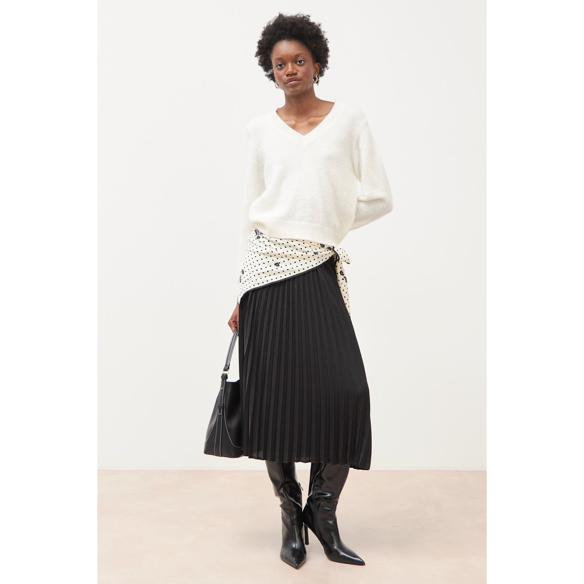 Pull droit col v manches longues ecru, BONOBO