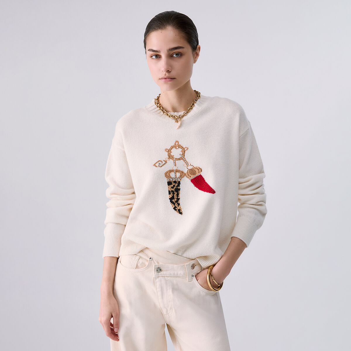 Maille jacquard en laine avec charm blanc, LIU JO