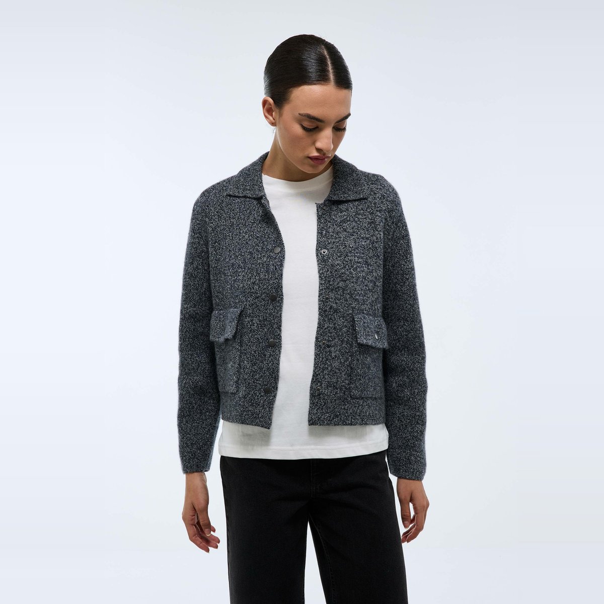 Veste en maille avec poches à rabat gris chine fonce, MONOPRIX