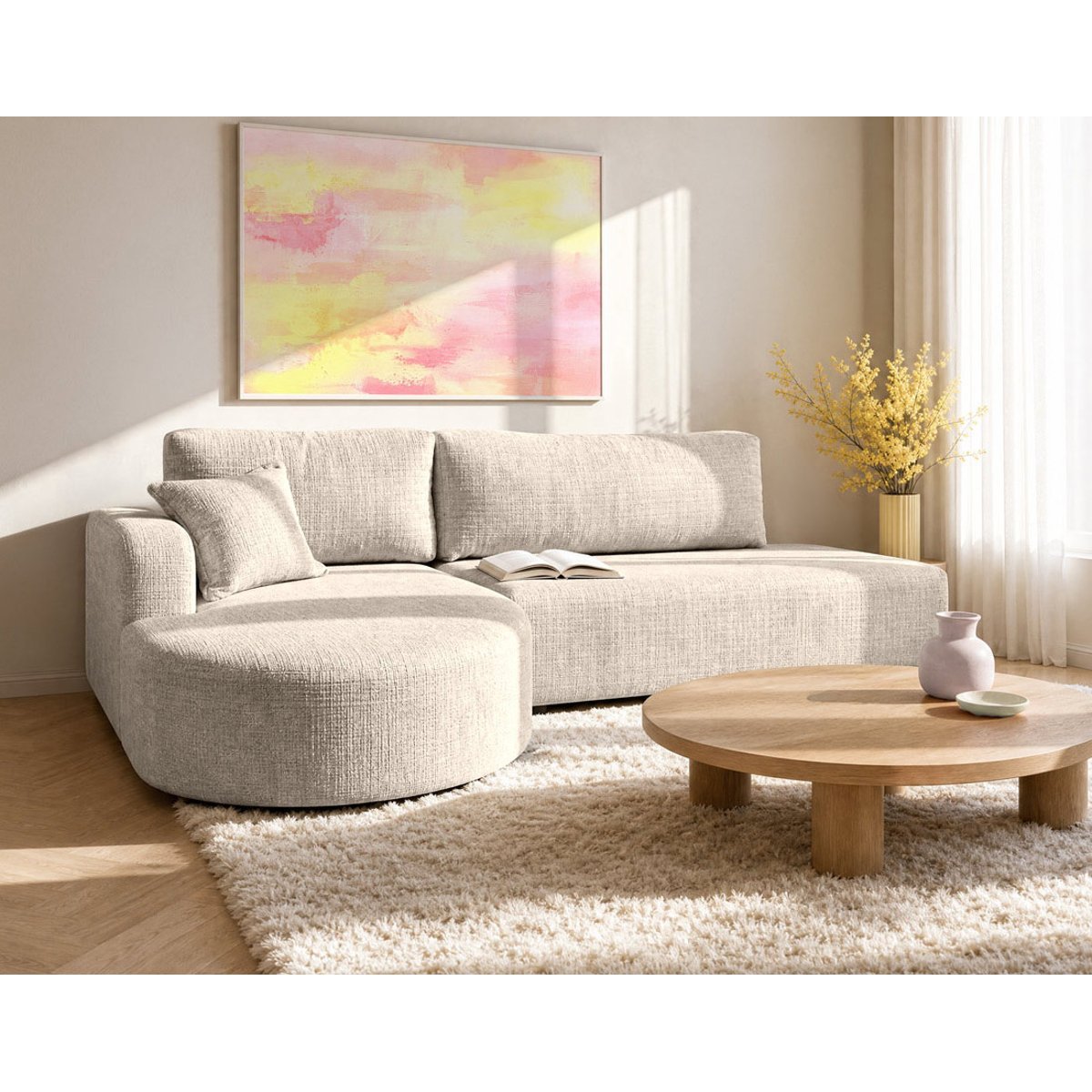Canapé angle gauche convertible velours texturé, MIRO beige, BEST MOBILIER