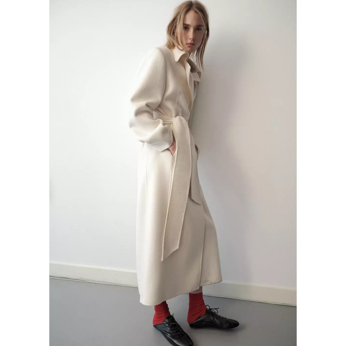 Manteau laine ceinture blanc cassé, MANGO